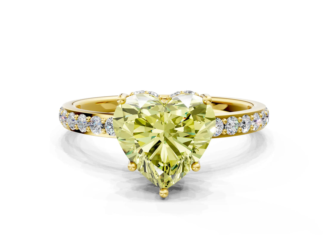 Yellow gold Fancy Yellow Heart Cut Diamond Solitaire Ring with Pavé Band and Hidden Halo_68