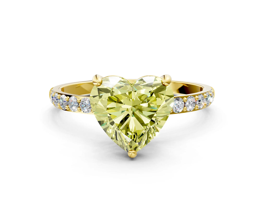 Yellow gold Fancy Yellow Heart Cut Diamond Solitaire Ring with Pave Band and Four Prong Setting_73