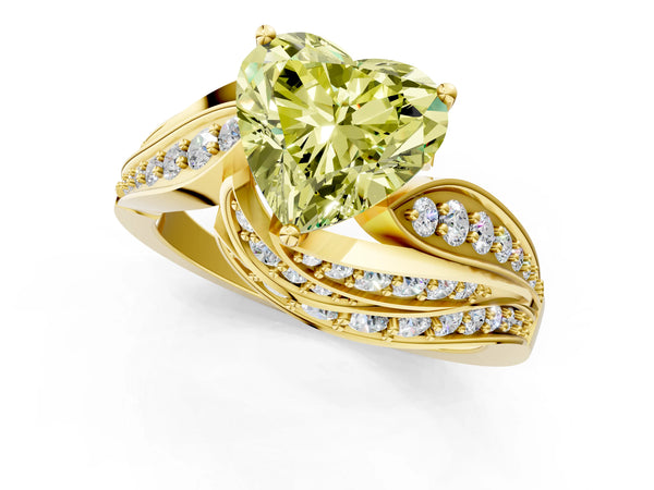 Yellow gold Fancy Yellow Heart Cut Diamond Solitaire Ring with Prong Setting and Twisted Pavé Band
