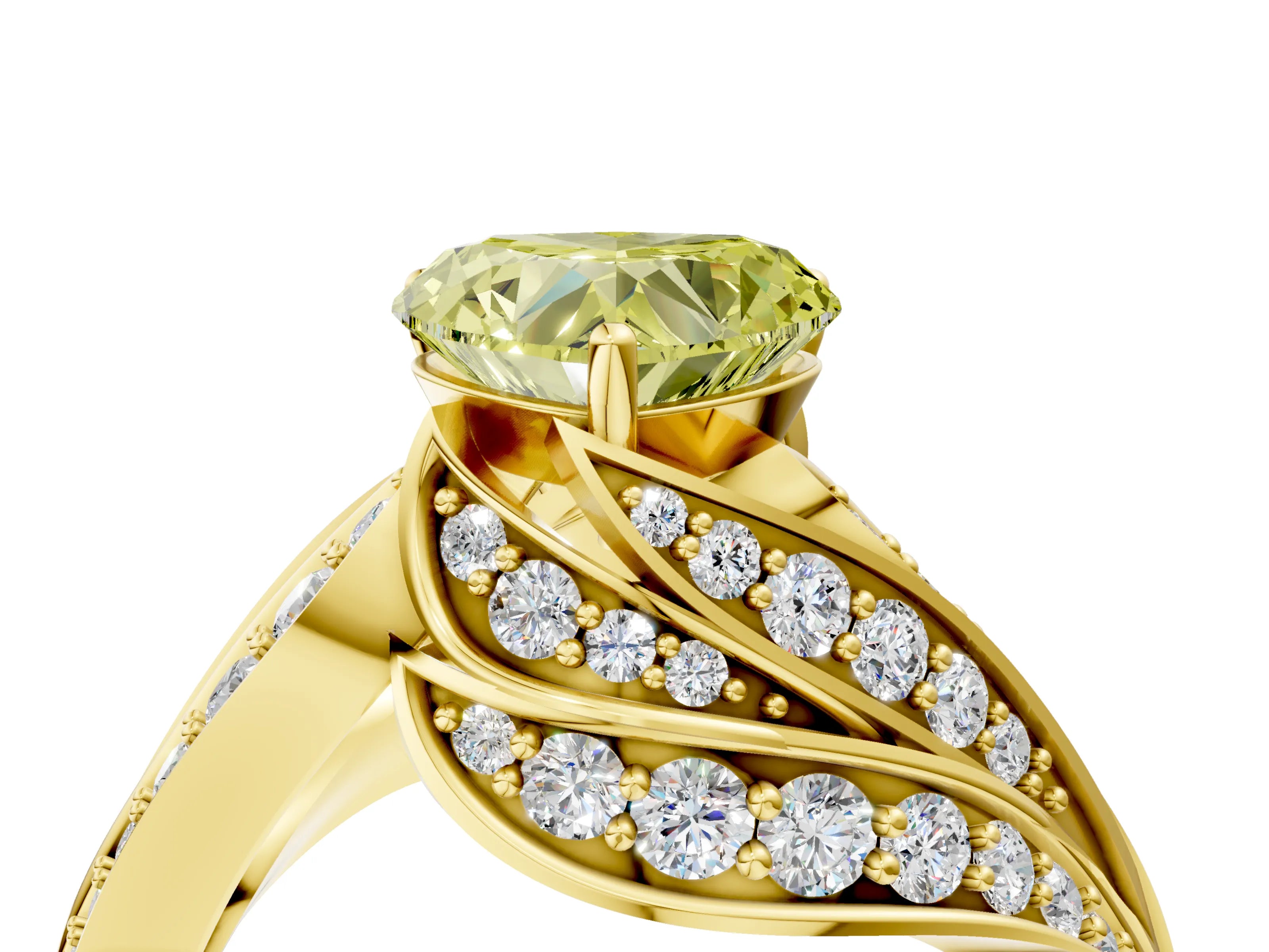 Yellow gold Fancy Yellow Heart Cut Diamond Solitaire Ring with Prong Setting and Twisted Pavé Band_4