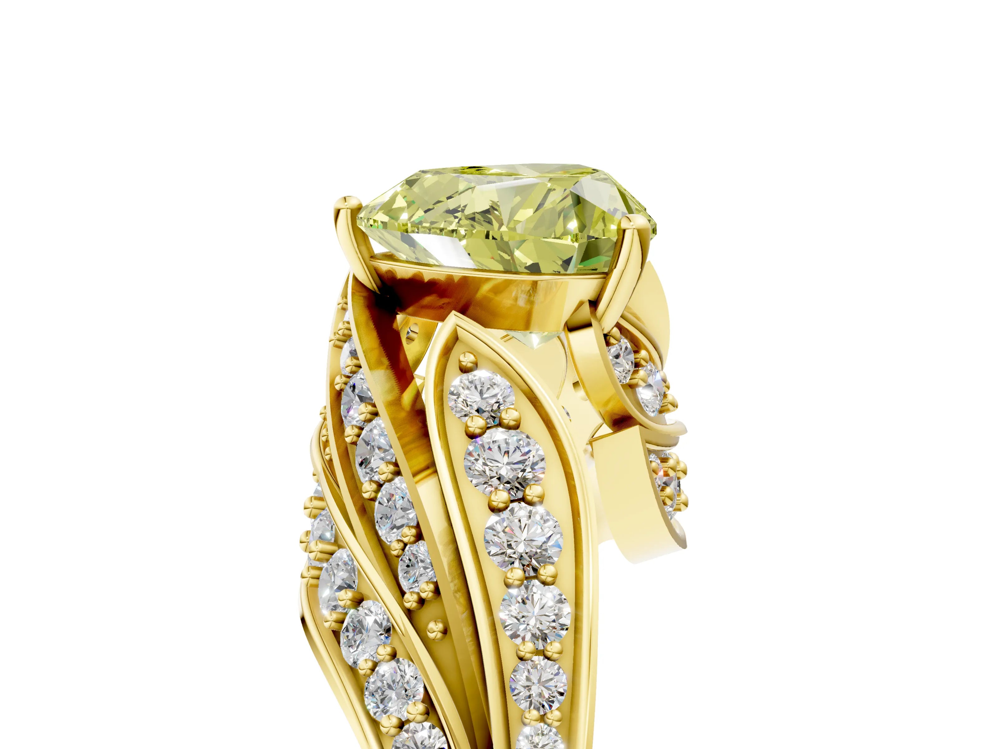 Yellow gold Fancy Yellow Heart Cut Diamond Solitaire Ring with Prong Setting and Twisted Pavé Band_5