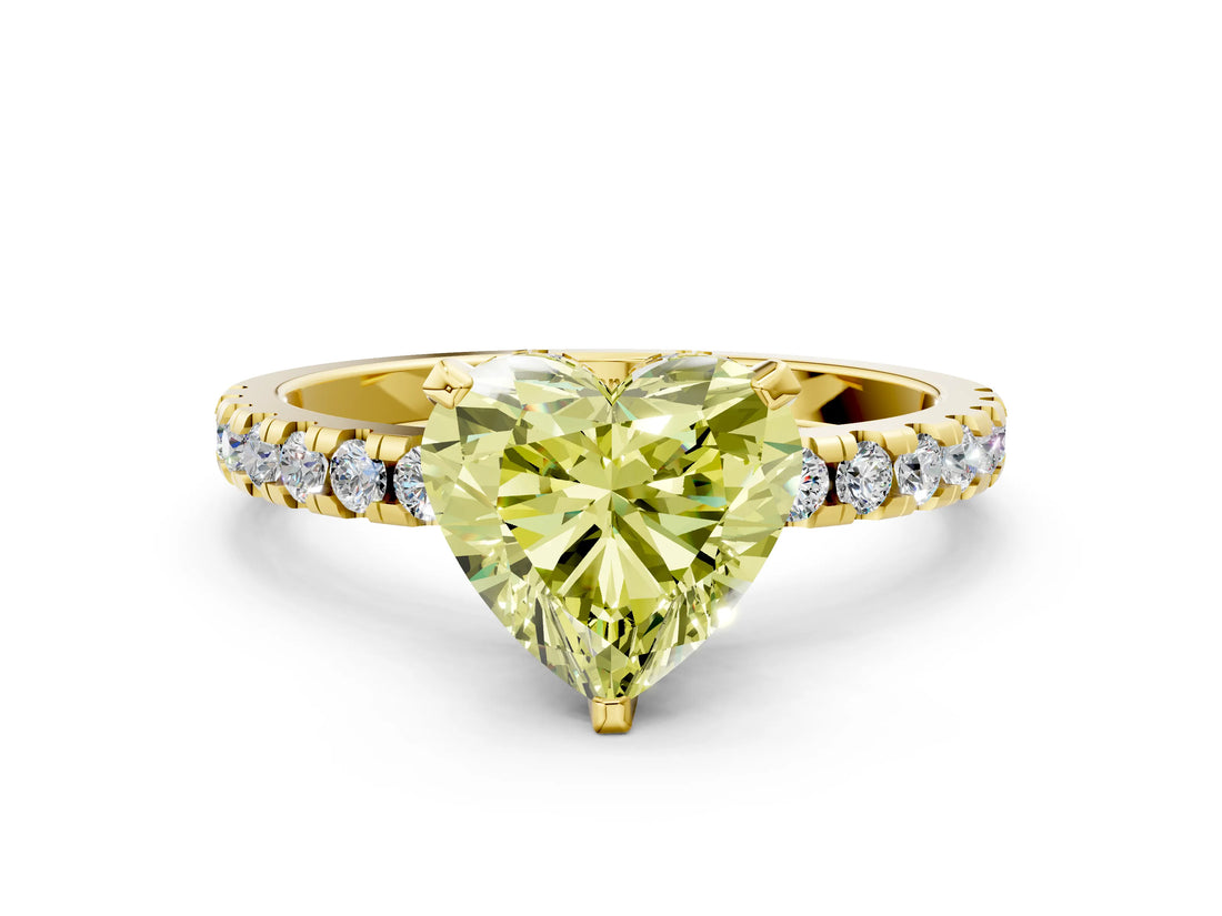 Yellow gold Fancy Yellow Heart Cut Diamond Solitaire Ring with Round  Pavé Band and Four-Prong Setting_36