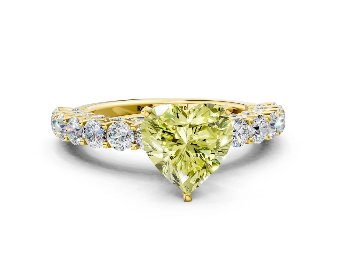 Yellow gold Fancy Yellow Heart Cut Diamond Solitaire Ring with Shared Prong Pavé Band and Four-Prong Setting_59
