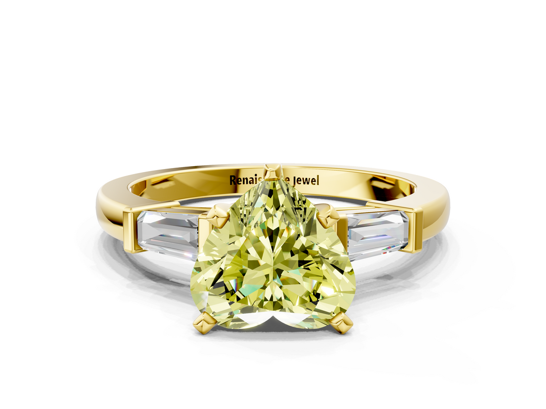 Yellow gold Fancy Yellow Heart  Cut Diamond Solitaire Ring with Tapered Baguette Accents and Four-Prong Setting_57