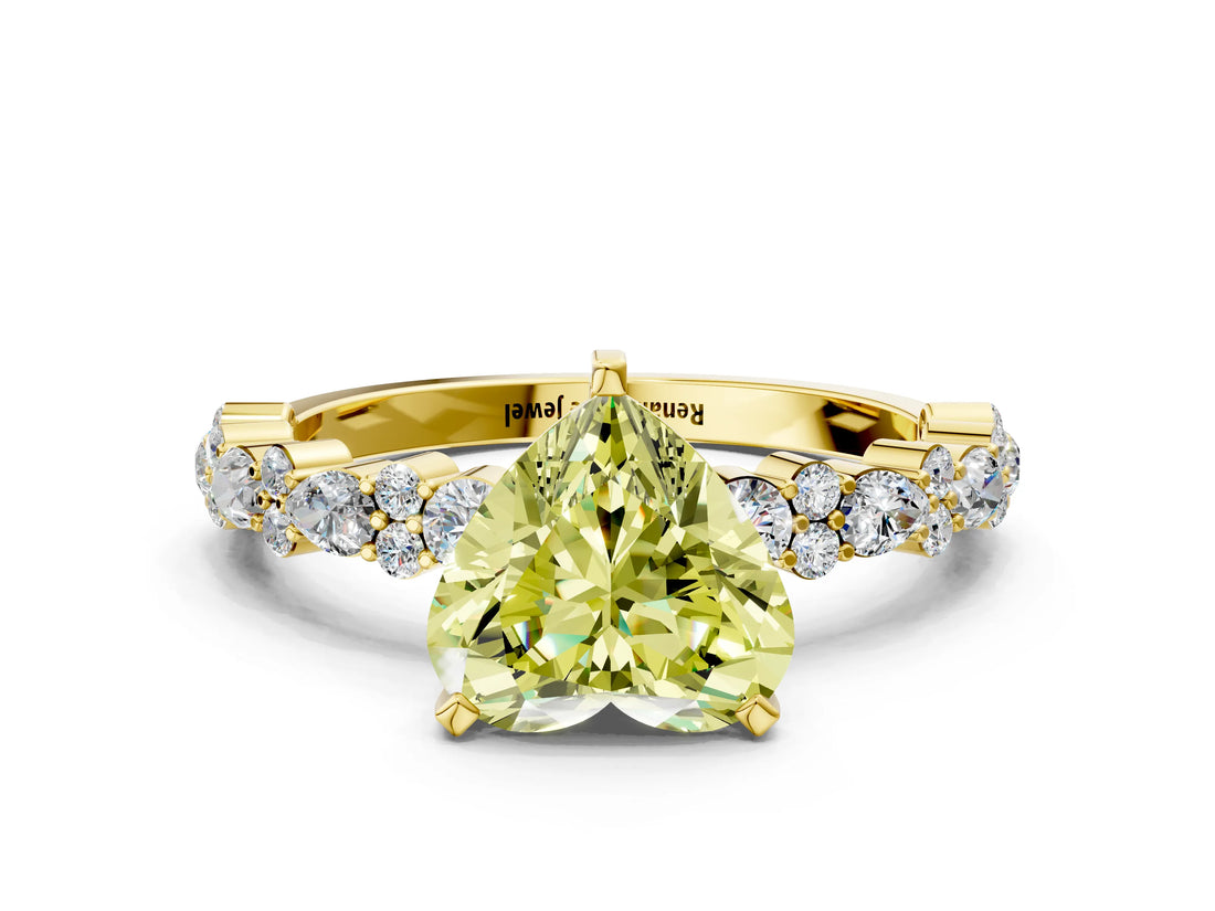 Yellow gold Fancy Yellow Heart Cut Diamond Solitaire with Side Stones, Pave Band, Four-Prong Setting_117