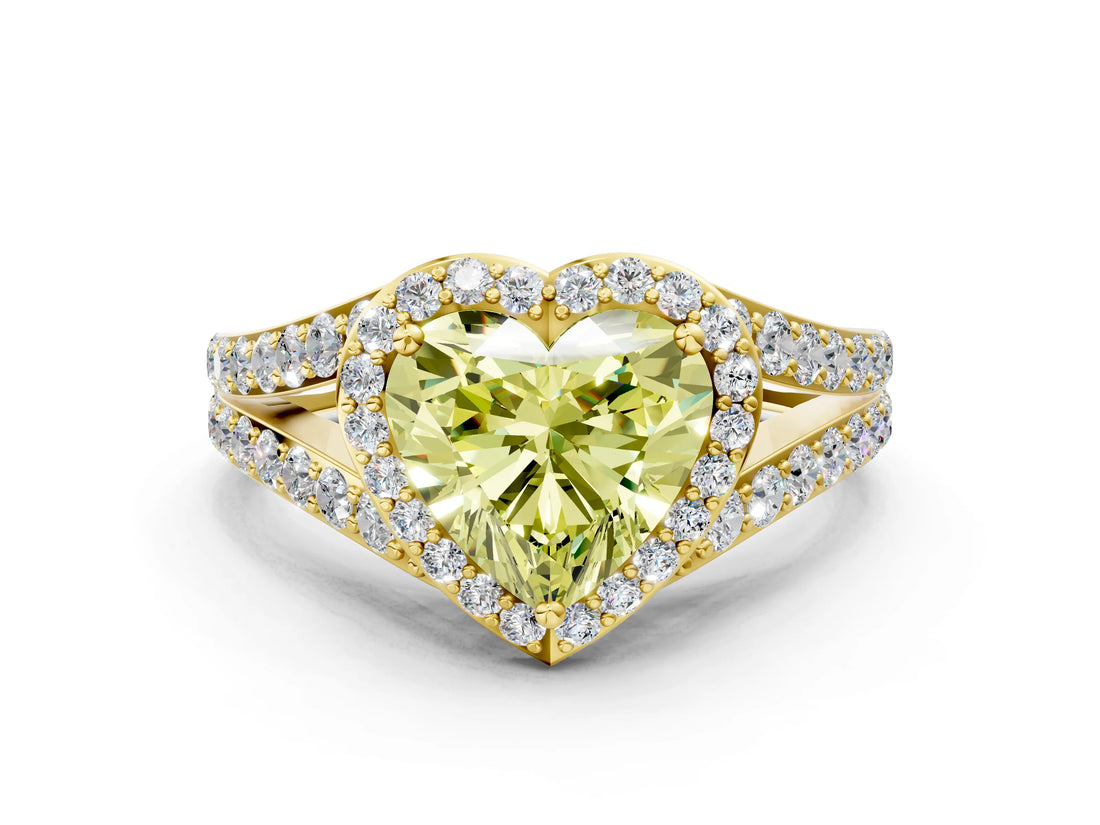 Yellow gold Fancy Yellow Heart Cut Diamond Split Shank Halo Ring with Four-Prong Setting_57