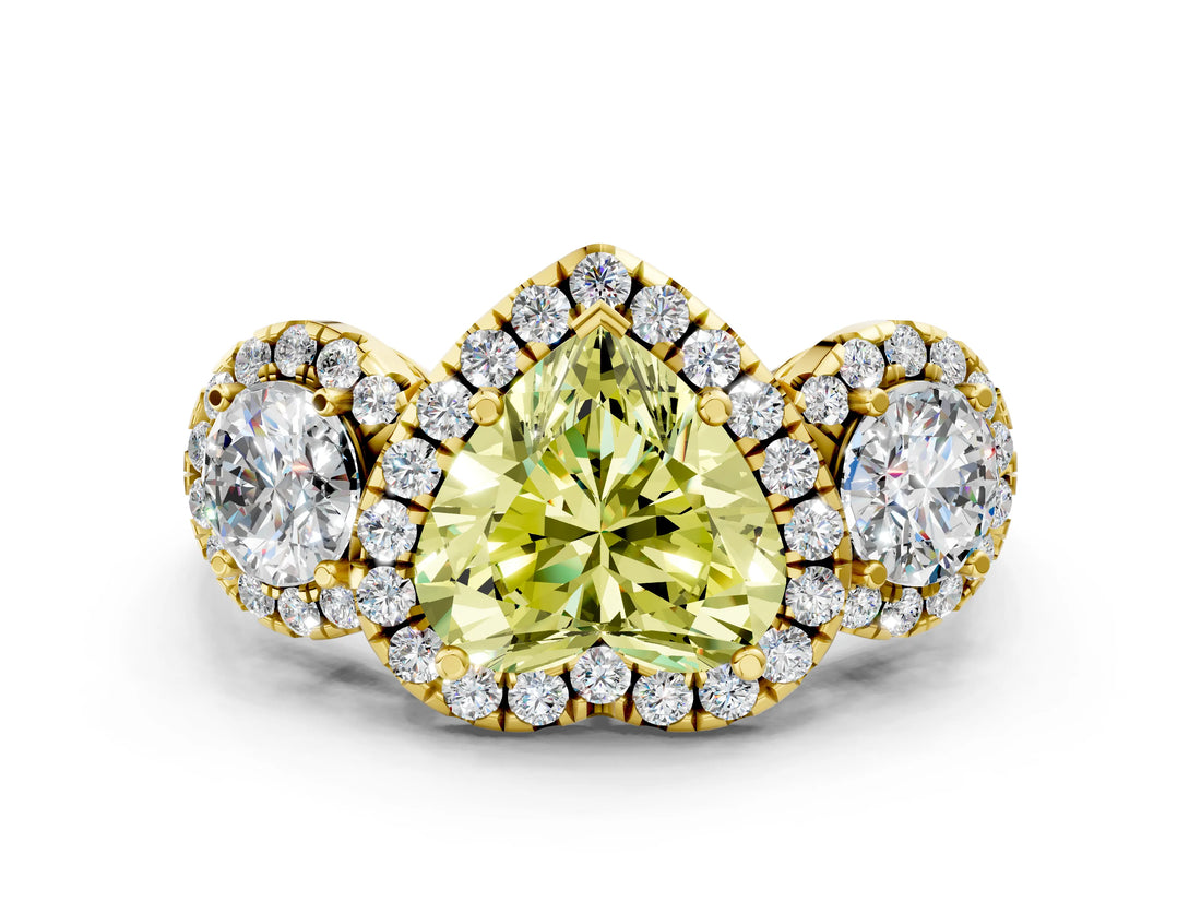 Yellow gold Fancy Yellow Heart Cut Diamond Three-Stone Halo Ring with Prong Setting and Pavé Accents