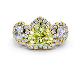Yellow gold Fancy Yellow Heart Cut Diamond Three-Stone Halo Ring with Prong Setting and Pavé Accents