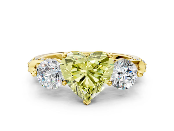 Yellow Gold Heart-Shaped Curved Pave Three Stone Engagement Ring Setting for Fancy Yellow Center