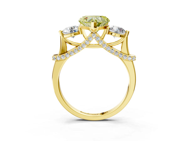Yellow Gold Heart-Shaped Curved Pave Three Stone Engagement Ring Setting for Fancy Yellow Center