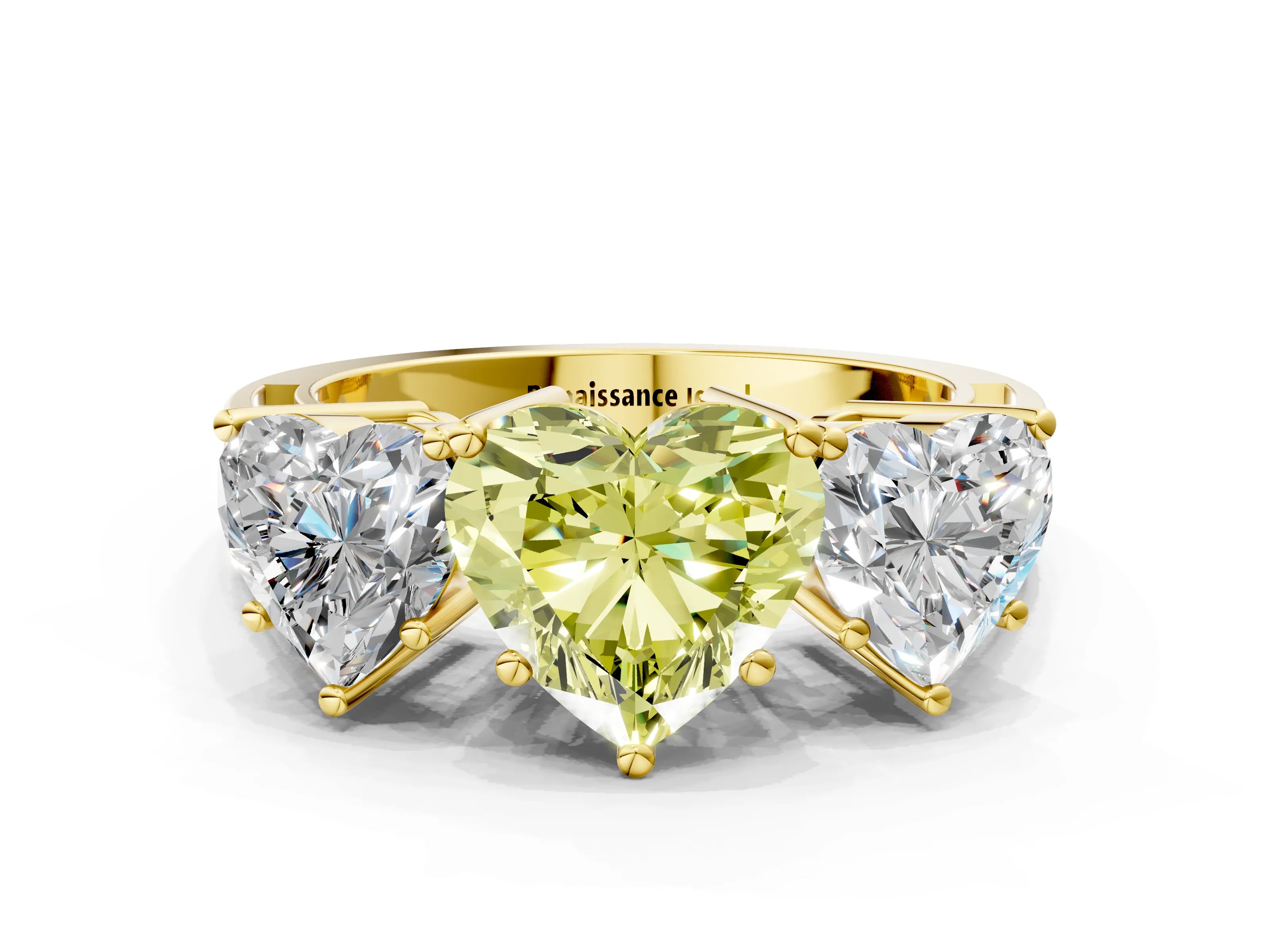 Yellow gold Fancy Yellow Heart Cut Diamond Three-Stone Ring with Prong Setting and Textured Band