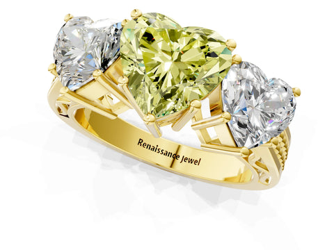 Yellow gold Fancy Yellow Heart Cut Diamond Three-Stone Ring with Prong Setting and Textured Band_1