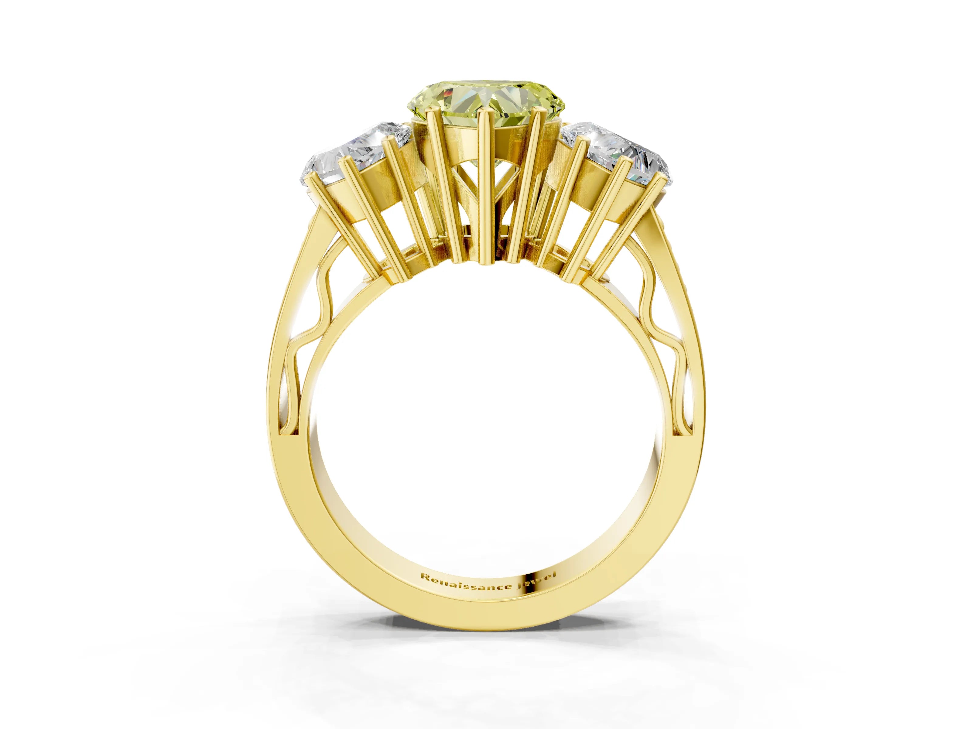 Yellow gold Fancy Yellow Heart Cut Diamond Three-Stone Ring with Prong Setting and Textured Band_3