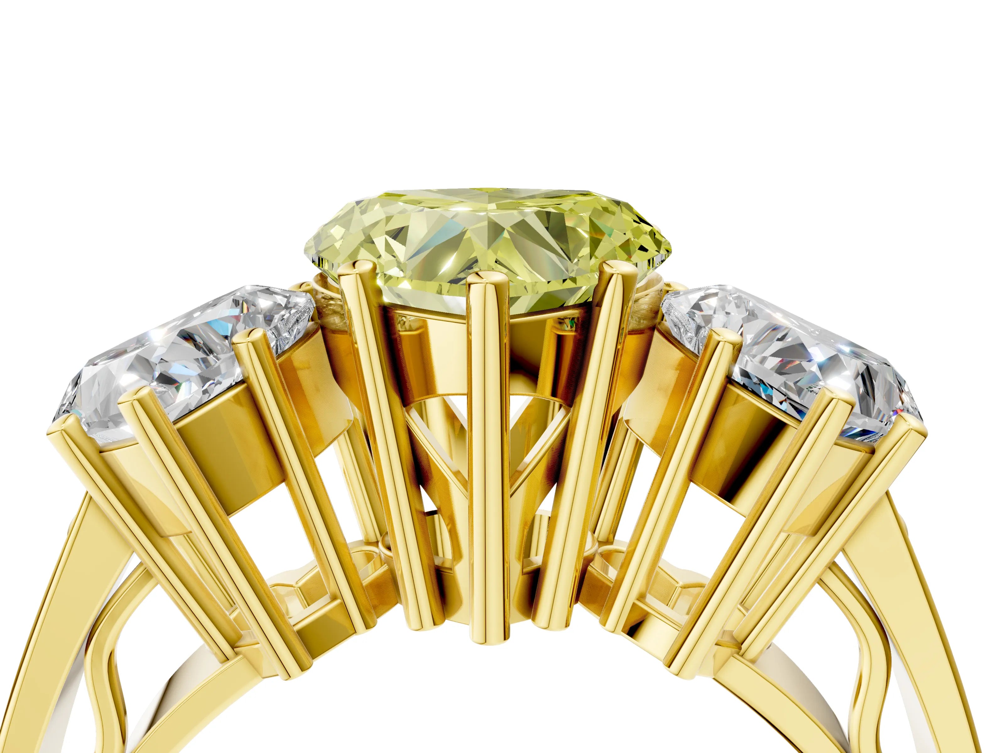 Yellow gold Fancy Yellow Heart Cut Diamond Three-Stone Ring with Prong Setting and Textured Band_4