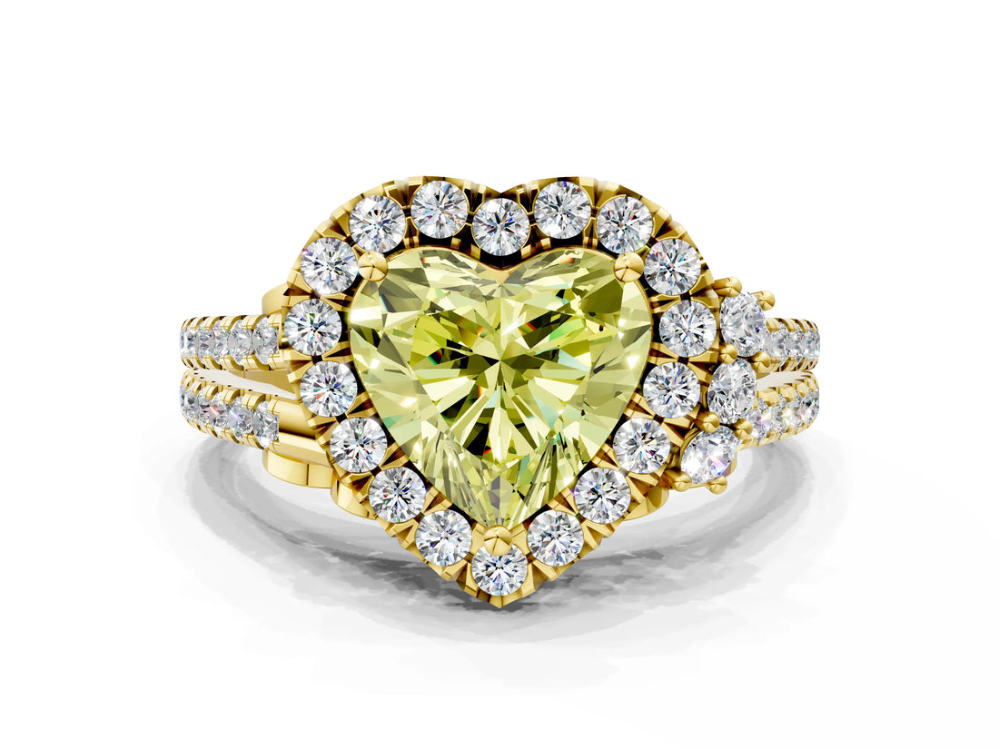 Yellow gold Fancy Yellow Heart  Cut Double Halo Diamond Engagement Ring with Pave Band and Four-Prong Setting_41