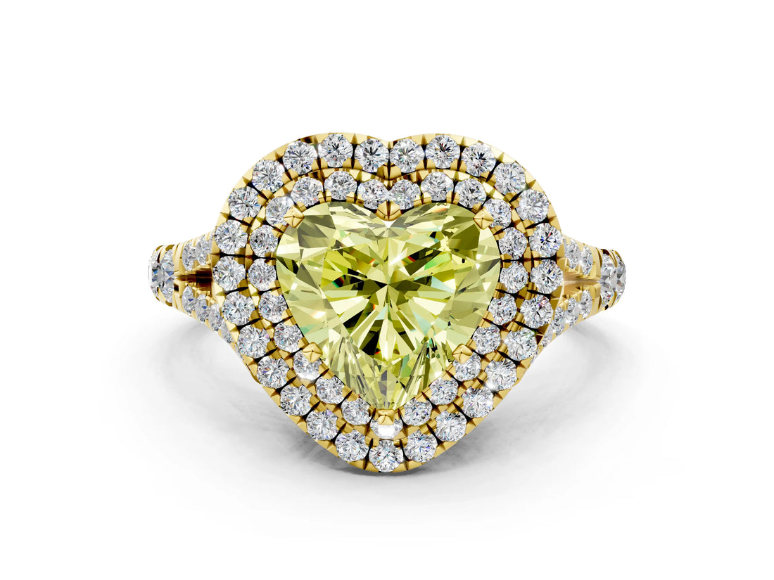 Yellow gold Fancy Yellow Heart  Cut Double Halo Split Shank Diamond Ring with Prong Setting_49