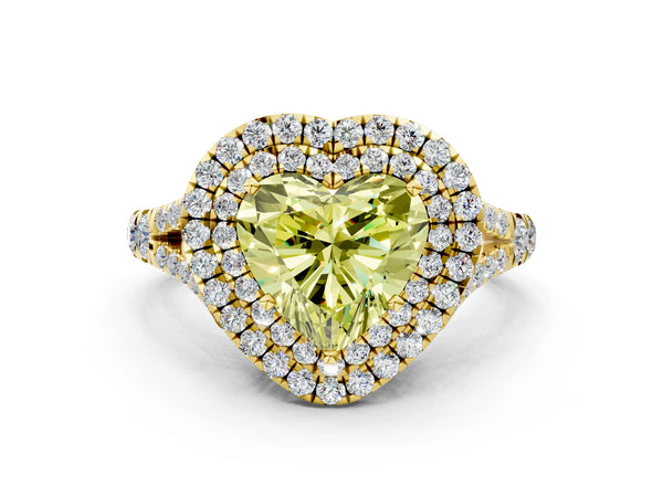 Yellow gold Fancy Yellow Heart  Cut Double Halo Split Shank Diamond Ring with Prong Setting