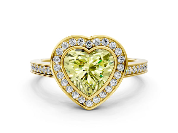 Yellow gold Fancy Yellow Heart Cut Halo Bezel Diamond Pave Band Ring