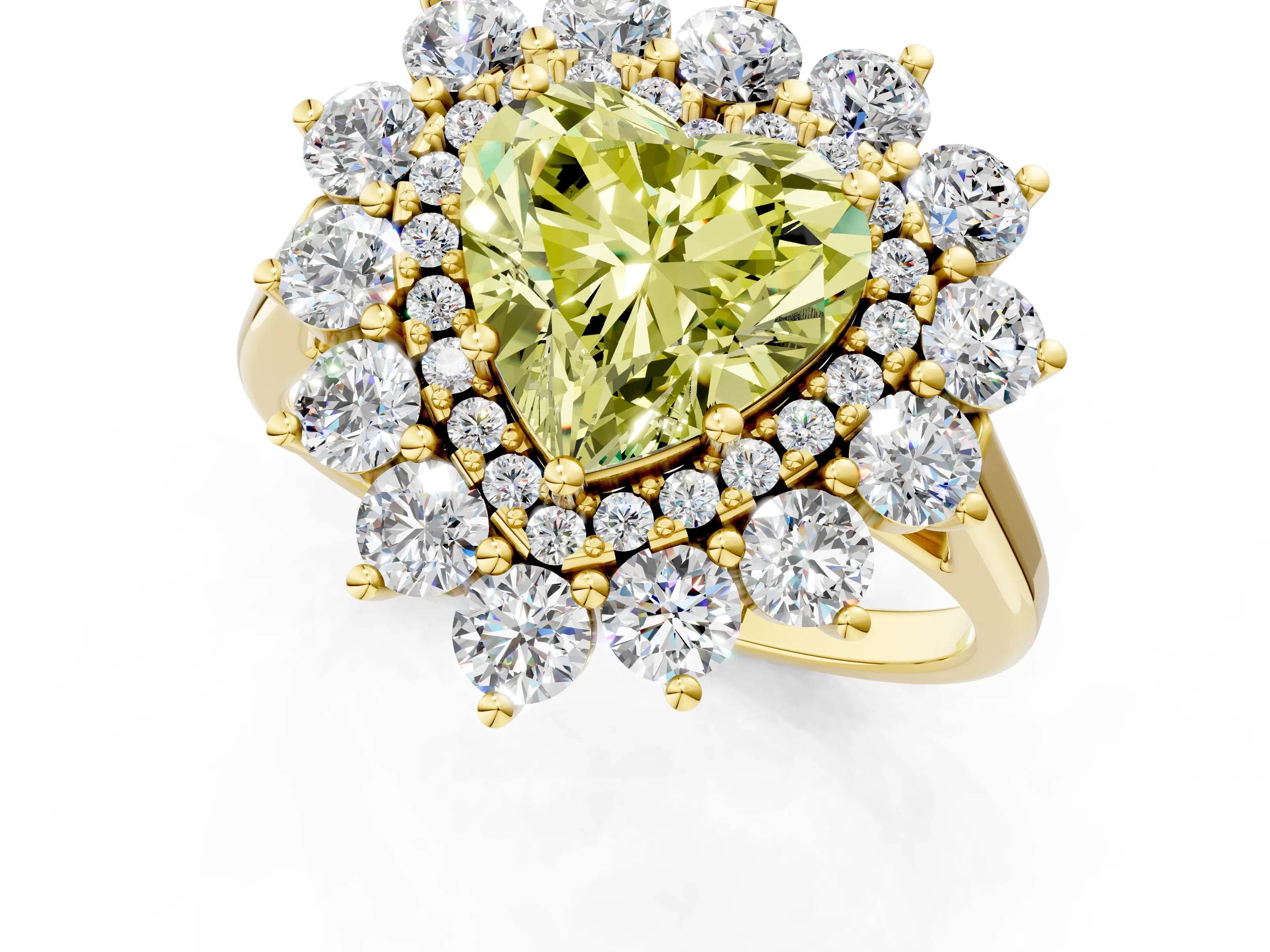 Yellow gold Fancy Yellow Heart Cut Halo Cluster Diamond Ring with Pave Band and Four-Prong Setting_1