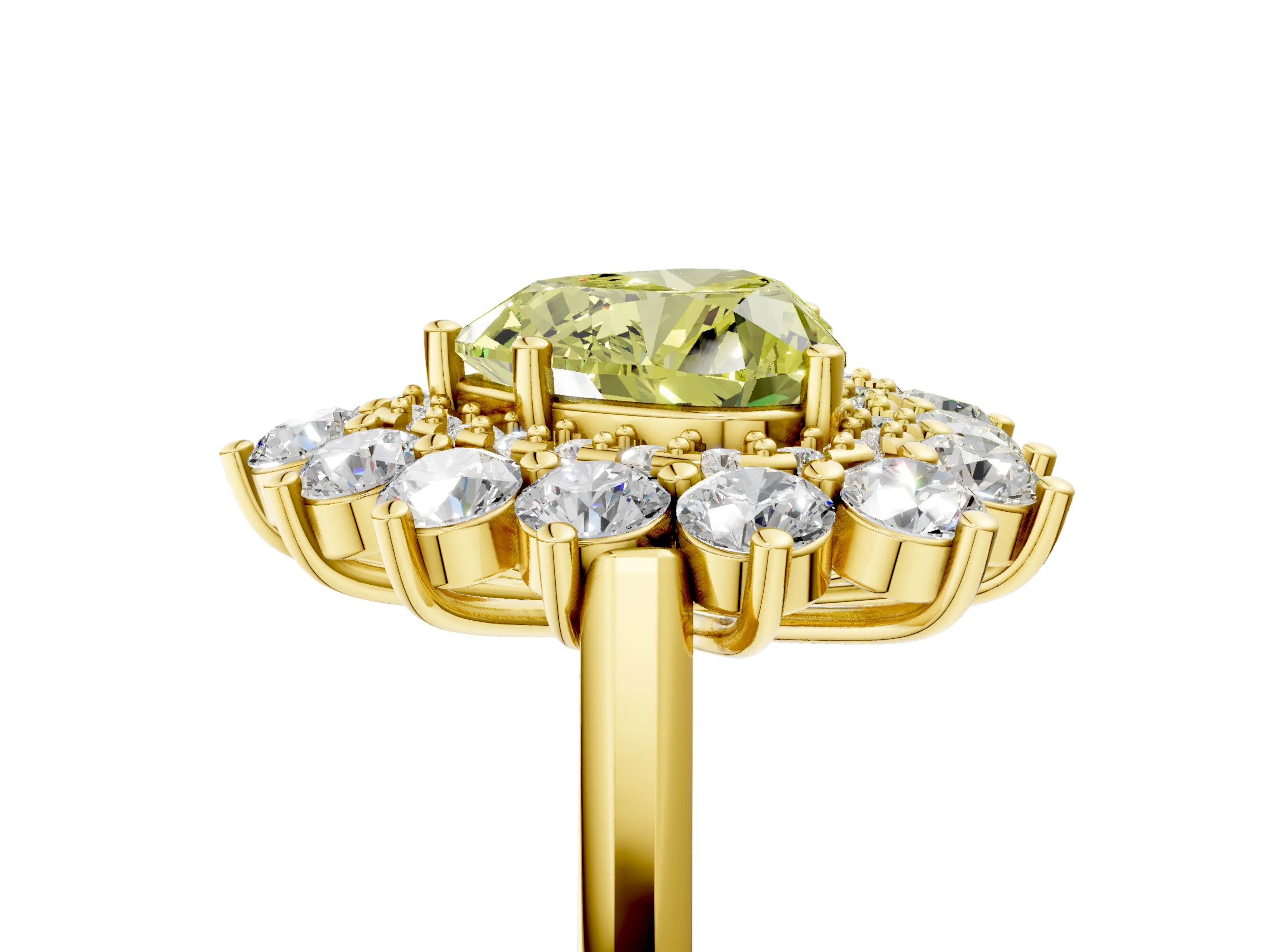 Yellow gold Fancy Yellow Heart Cut Halo Cluster Diamond Ring with Pave Band and Four-Prong Setting_5