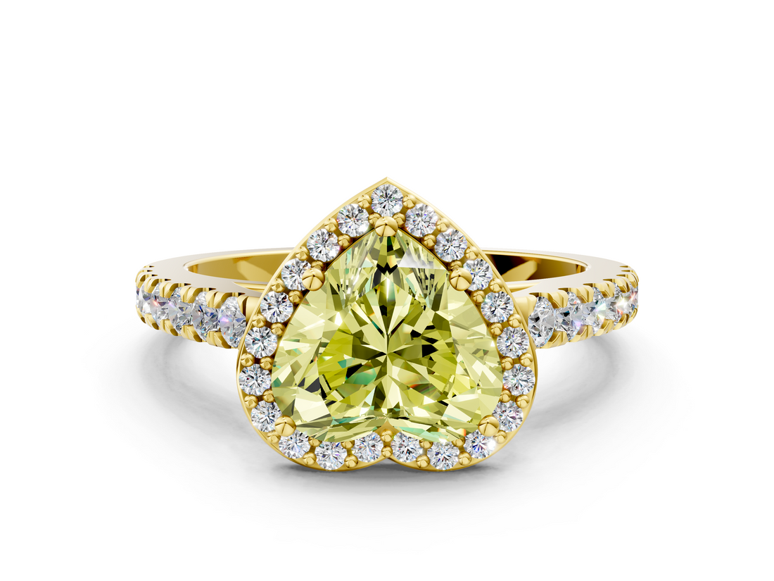 Yellow gold Fancy Yellow Heart  Cut Halo Diamond Engagement Ring with Pave Band and Four-Prong Setting_28