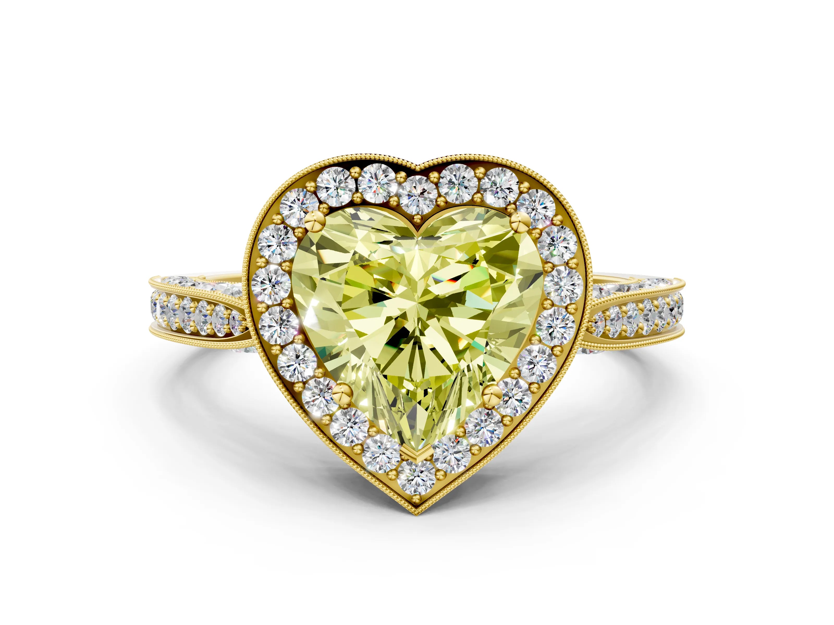 Yellow gold Fancy Yellow Heart Cut Halo Diamond Engagement Ring with Split Shank Band and Four-Prong Setting