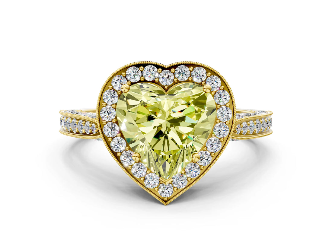 Yellow gold Fancy Yellow Heart Cut Halo Diamond Engagement Ring with Split Shank Band and Four-Prong Setting