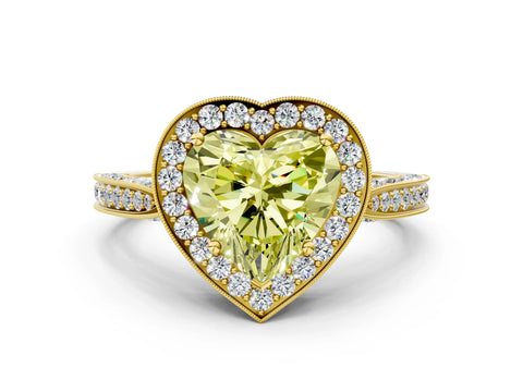 Yellow gold Fancy Yellow Heart Cut Halo Diamond Engagement Ring with Split Shank Band and Four-Prong Setting