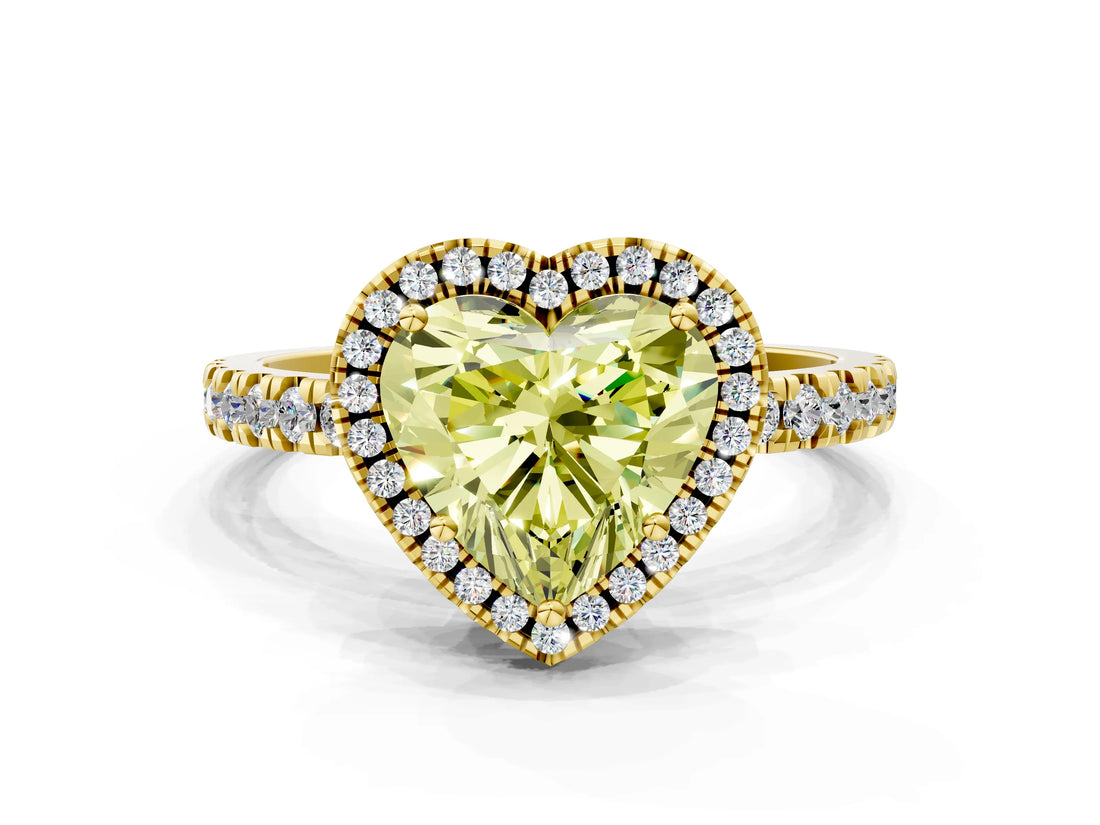 Yellow gold Fancy Yellow Heart Cut Halo Diamond Pave Band with Prong Setting