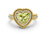 Yellow gold Fancy Yellow Heart Cut Halo Diamond Ring with Beaded Split Shank and Four-Prong Setting