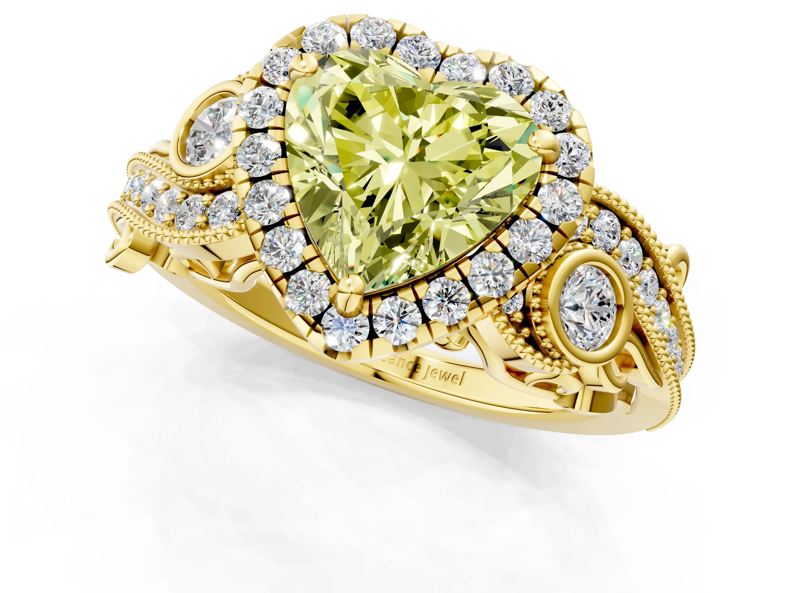 Yellow gold Fancy Yellow Heart Cut Halo Diamond Ring with Milgrain and Bezel Accents on a Split Shank Band_1