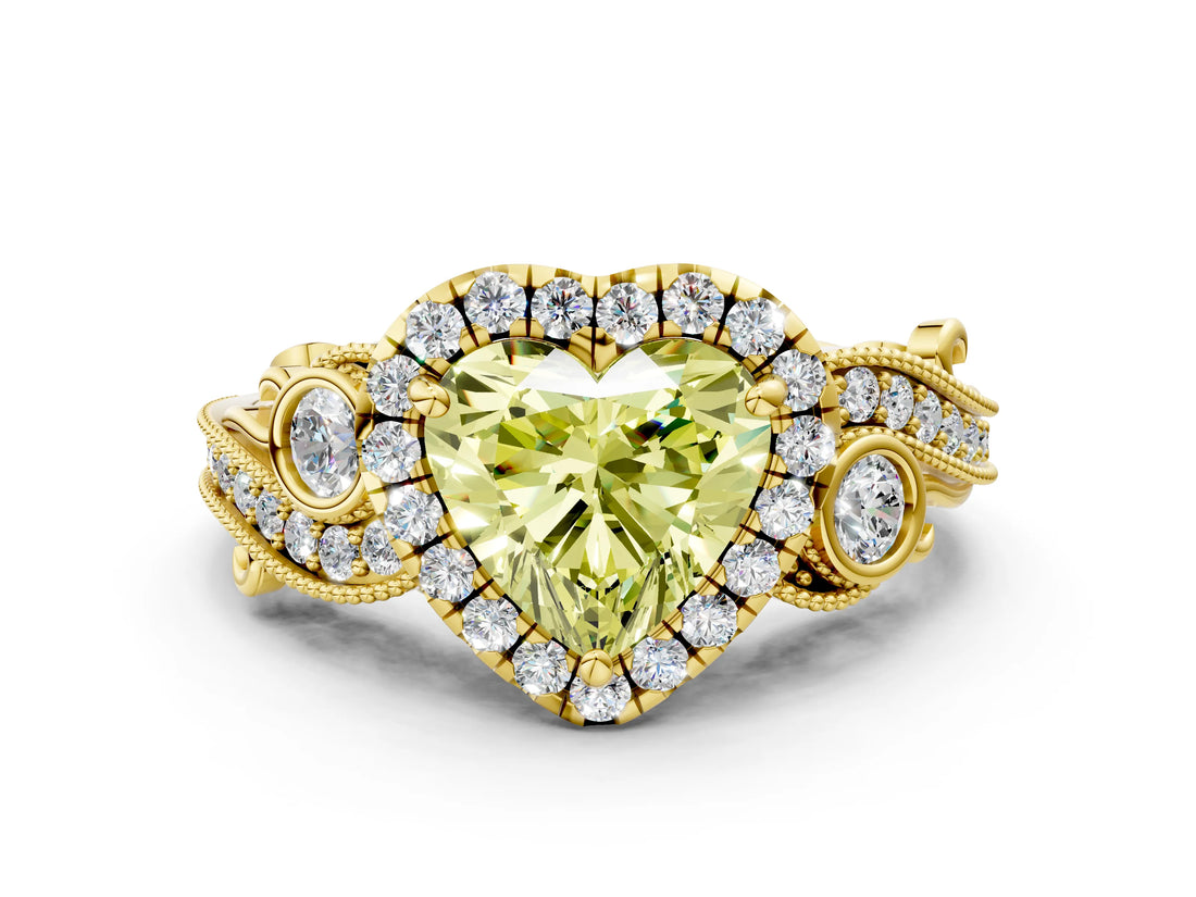 Yellow gold Fancy Yellow Heart Cut Halo Diamond Ring with Milgrain and Bezel Accents on a Split Shank Band_24