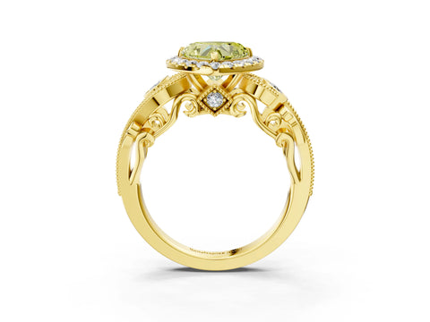 Yellow gold Fancy Yellow Heart Cut Halo Diamond Ring with Milgrain and Bezel Accents on a Split Shank Band_3