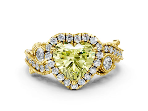 Yellow gold Fancy Yellow Heart Cut Halo Diamond Ring with Milgrain and Bezel Accents on a Split Shank Band