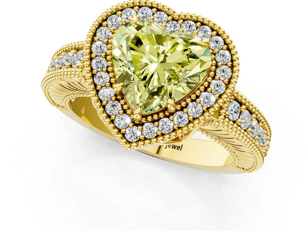 Yellow gold Fancy Yellow Heart  Cut Halo Diamond Ring with Pavé Band and Four-Prong Setting