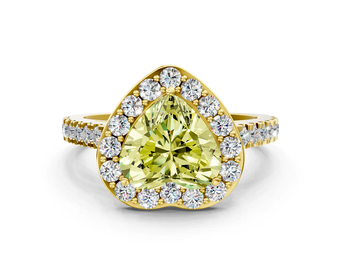 Yellow gold Fancy Yellow Heart Cut Halo Diamond Ring with Pavé Band and Three-Prong Setting_12