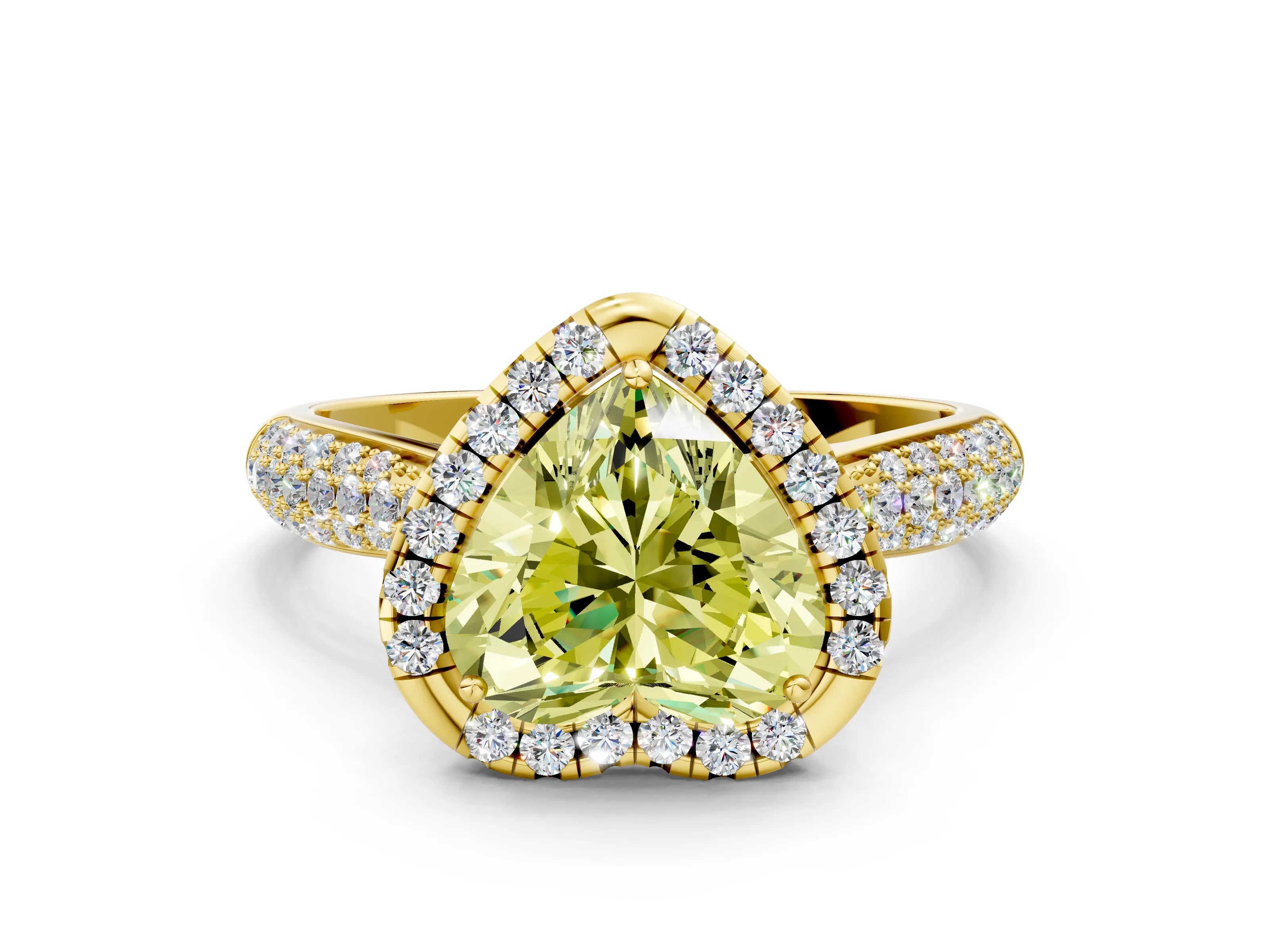 Yellow gold Fancy Yellow Heart Cut Halo Diamond Ring with Pavé Band
