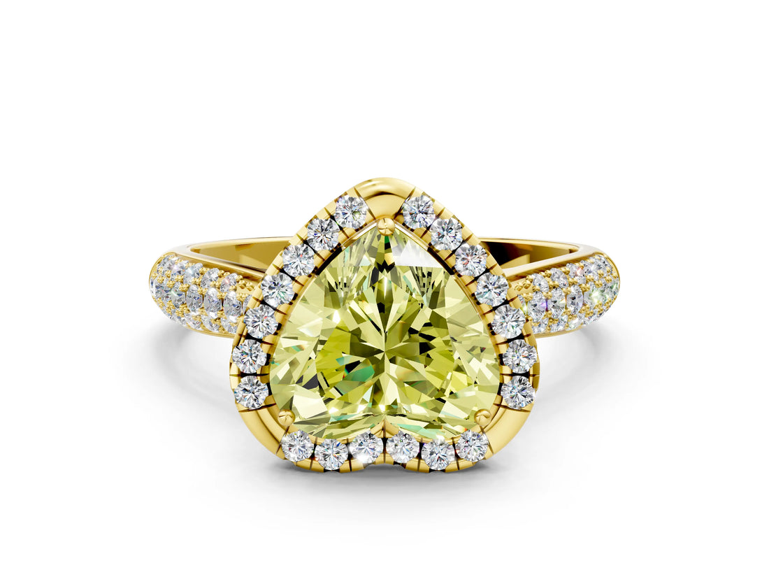 Yellow gold Fancy Yellow Heart Cut Halo Diamond Ring with Pavé Band