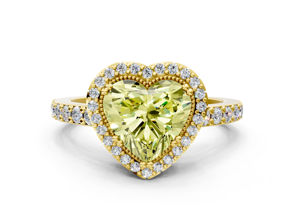 Yellow gold Fancy Yellow Heart  Cut Diamond Halo Engagement Ring with Milgrain Detail and Pavé Band
