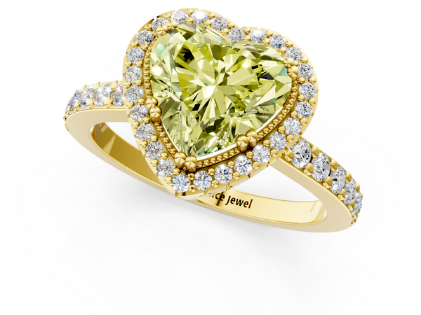 Yellow gold Fancy Yellow Heart  Cut Diamond Halo Engagement Ring with Milgrain Detail and Pavé Band