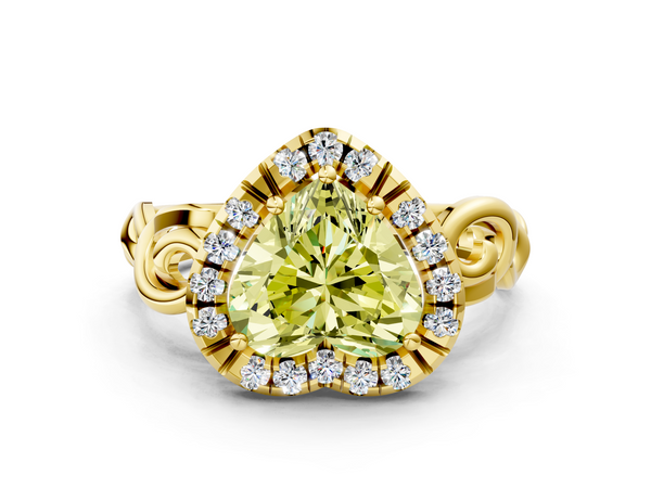 Yellow gold Fancy Yellow Heart  Cut Halo Diamond Ring with Scrollwork Band and Four-Prong Setting