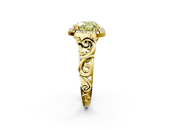 Yellow gold Fancy Yellow Heart  Cut Halo Diamond Ring with Scrollwork Band and Four-Prong Setting