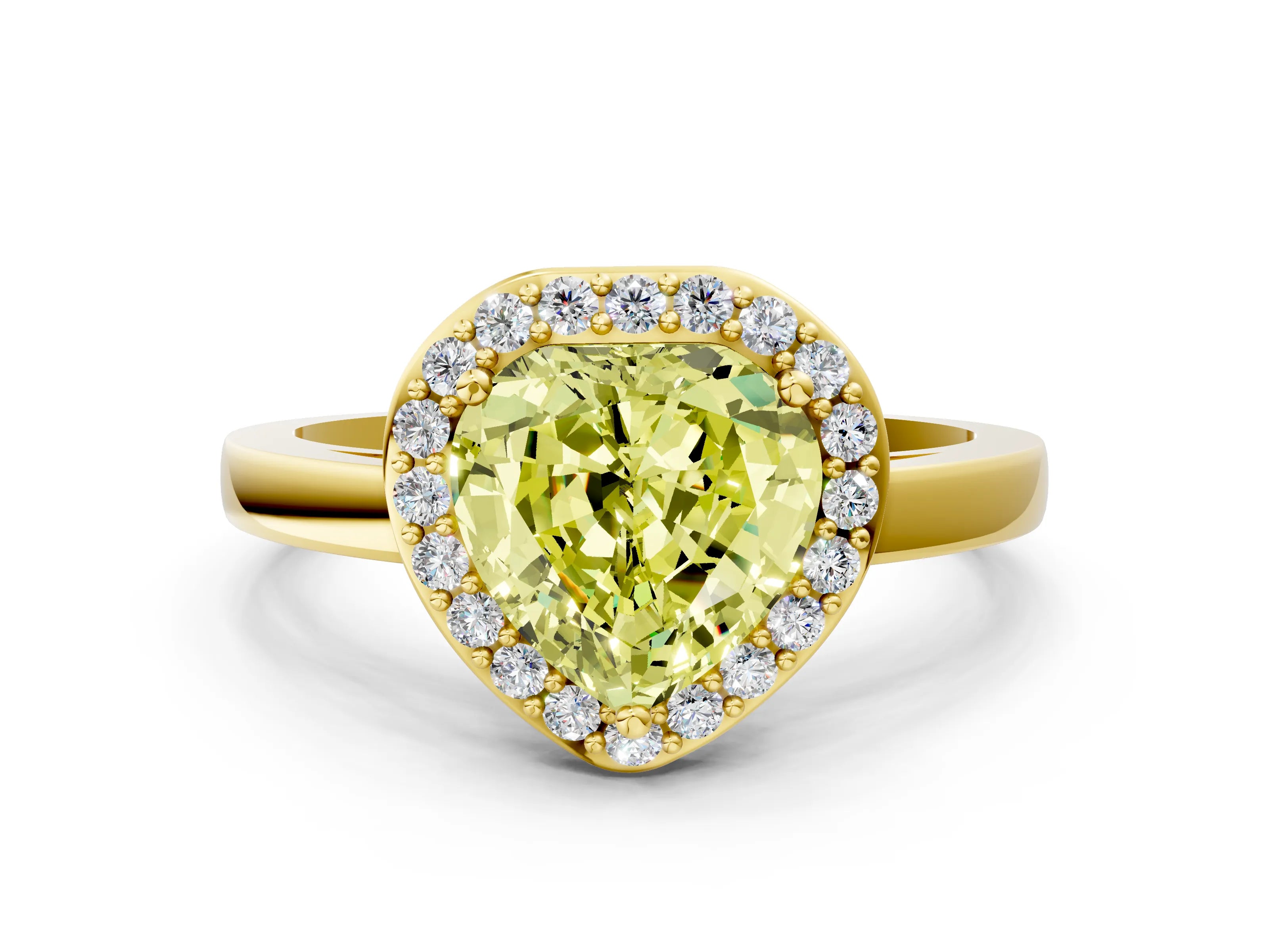 Yellow gold Fancy Yellow Heart Cut Halo Diamond Ring with Solitaire Band and Prong Setting