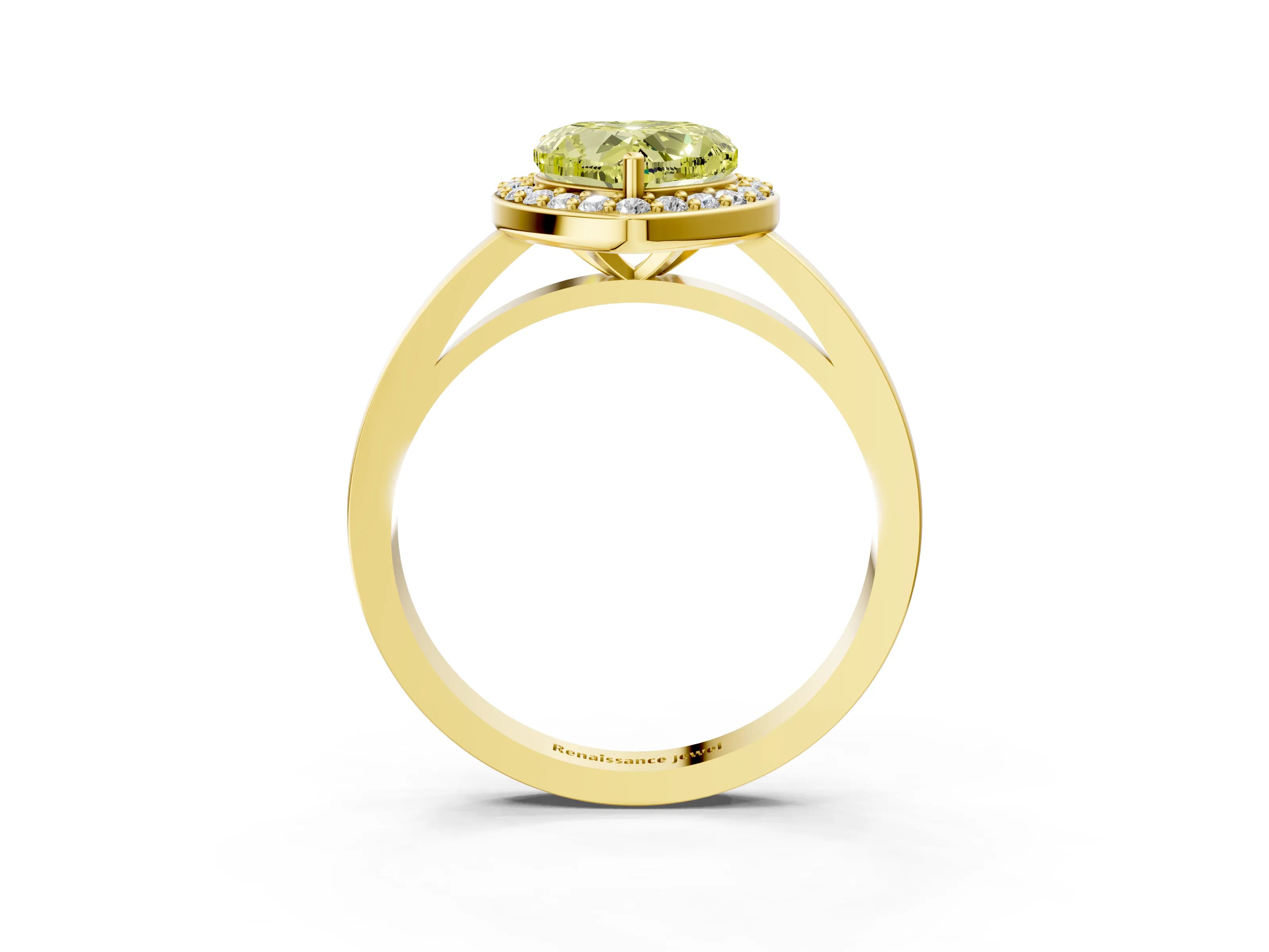 Yellow gold Fancy Yellow Heart Cut Halo Diamond Ring with Solitaire Band and Prong Setting_3
