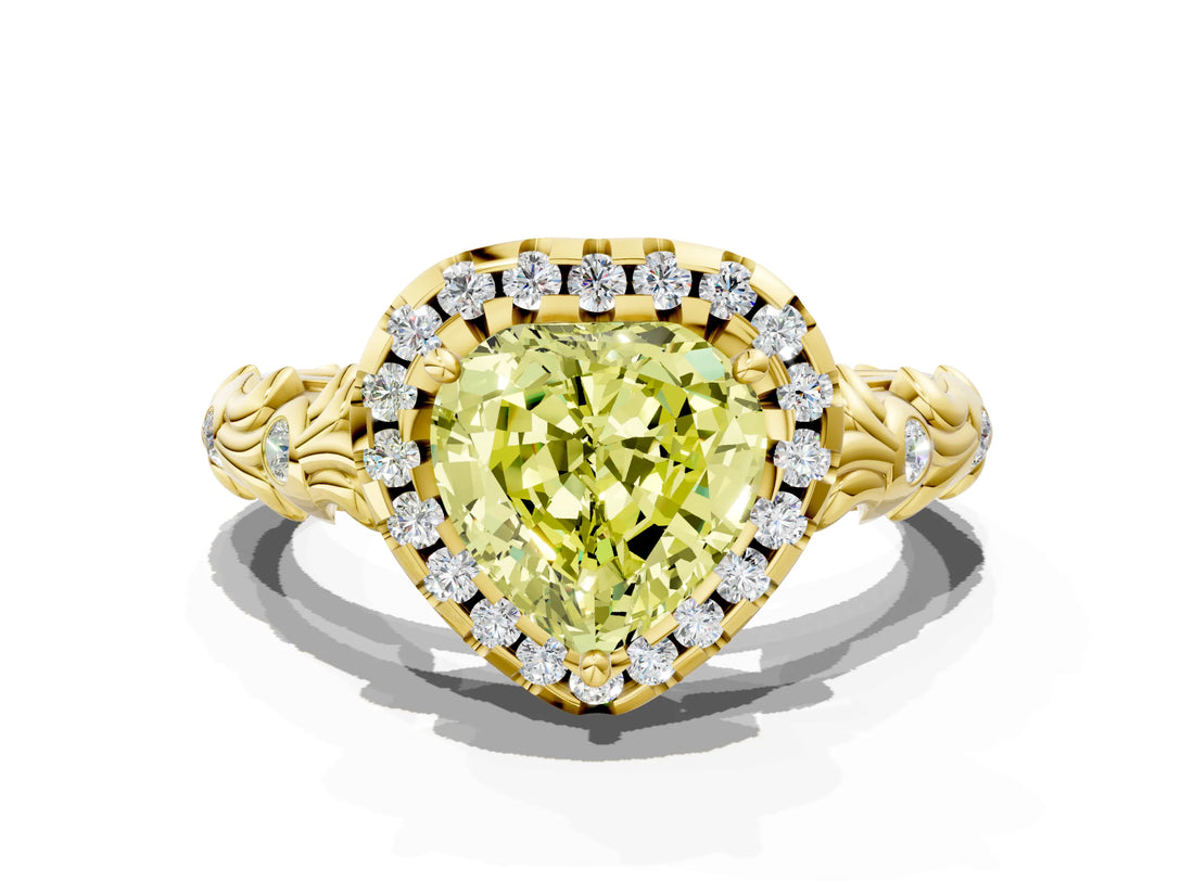 Yellow gold Fancy Yellow Heart Cut Halo Diamond Solitaire with Filigree Band and Four-Prong Setting