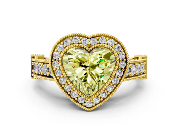 Yellow Gold Heart-Shaped Vintage Bezel Halo Engagement Ring Setting for Fancy Yellow Center