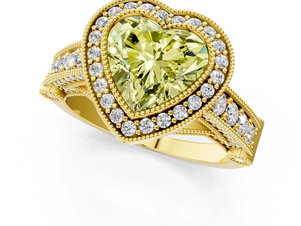 Yellow Gold Heart-Shaped Vintage Bezel Halo Engagement Ring Setting for Fancy Yellow Center