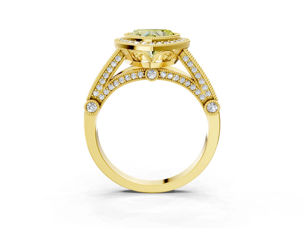 Yellow Gold Heart-Shaped Vintage Bezel Halo Engagement Ring Setting for Fancy Yellow Center