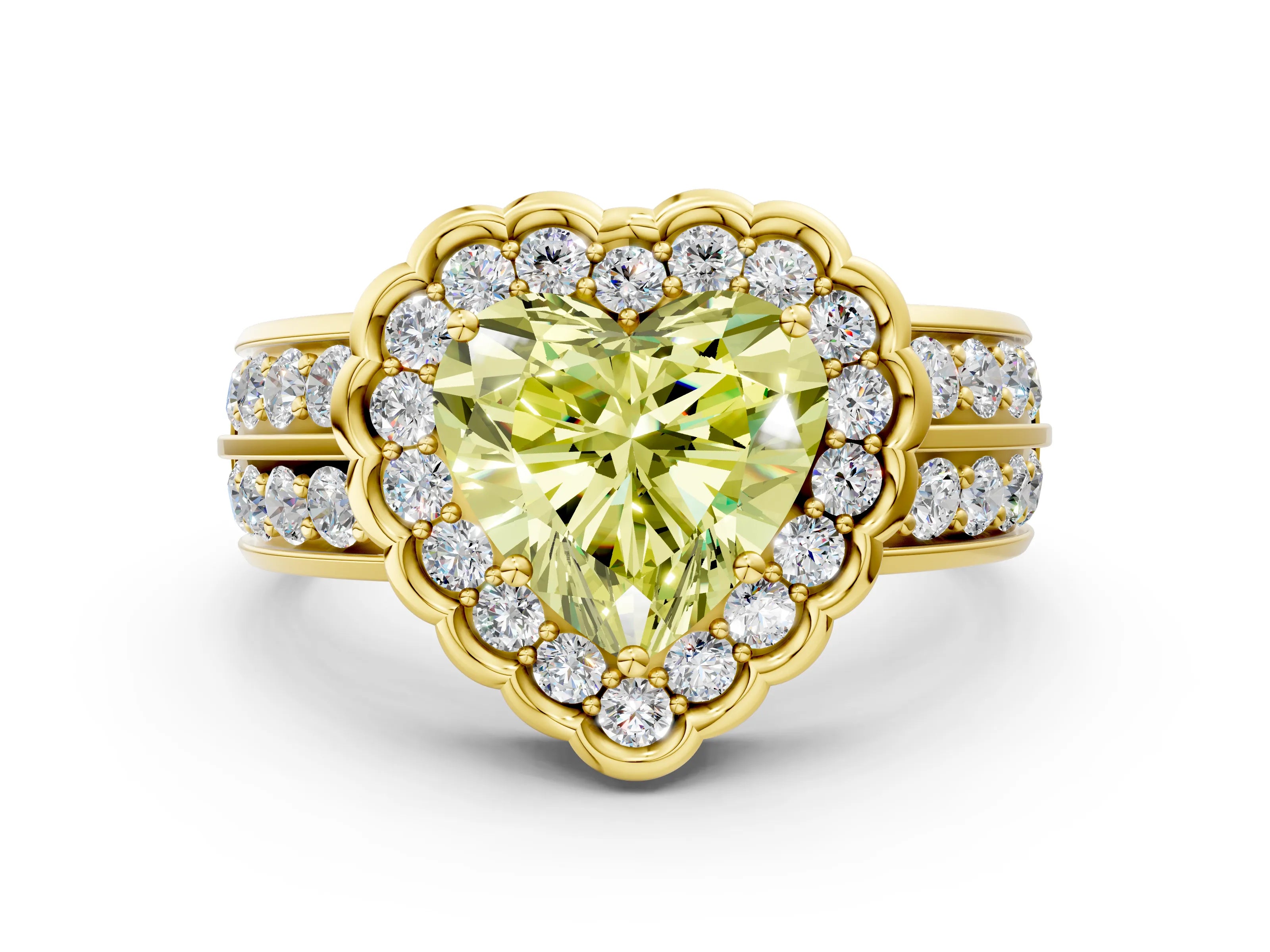Yellow gold Fancy Yellow Heart Cut Halo Diamond Split Shank Ring with Scalloped Prong Setting