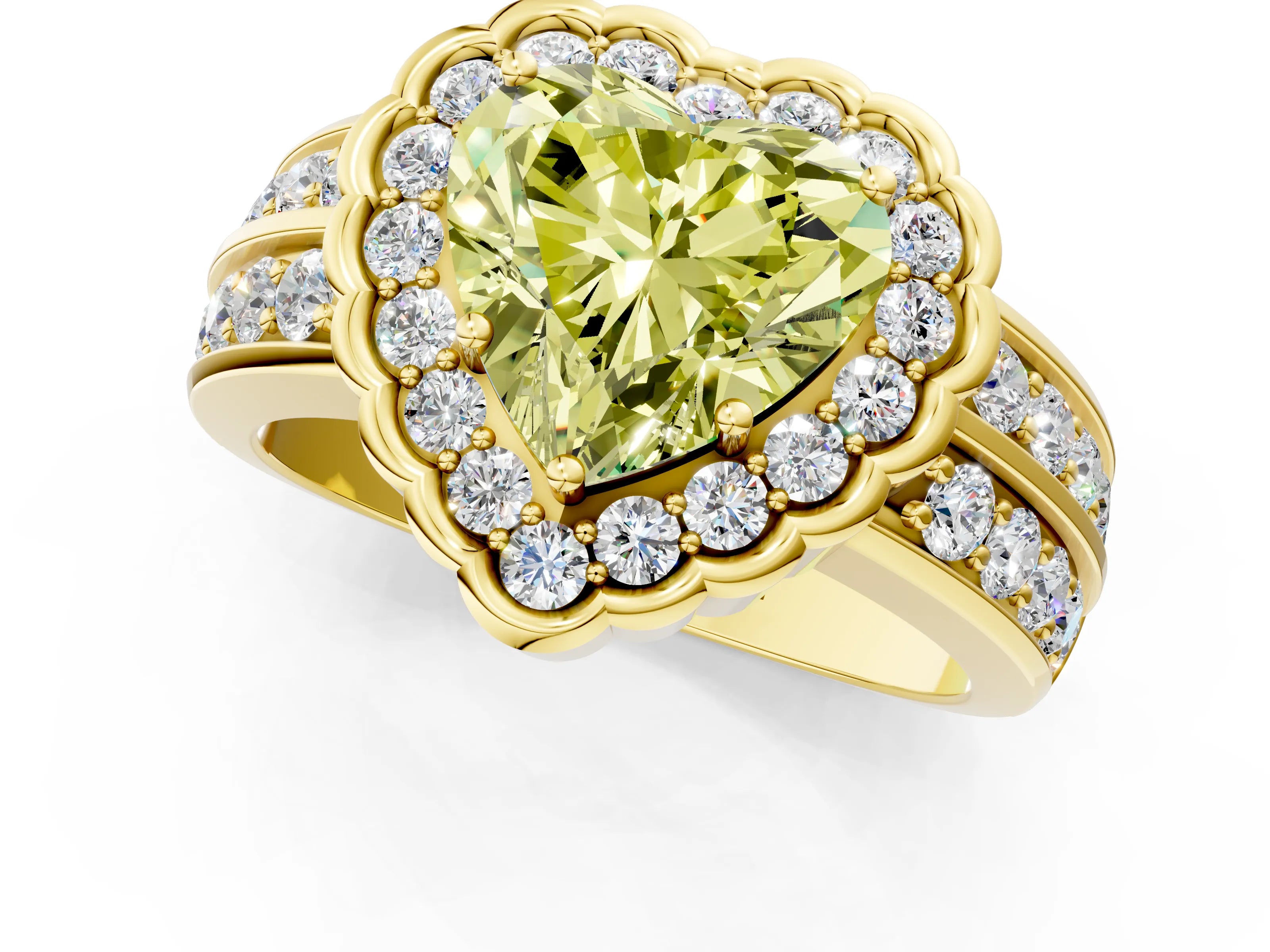Yellow gold Fancy Yellow Heart Cut Halo Diamond Split Shank Ring with Scalloped Prong Setting_1